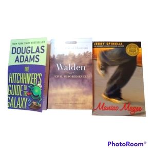 3 books,Walden&Civil Disobedience, Hitchhiker's Guide to the Galaxy,Maniac Magee
